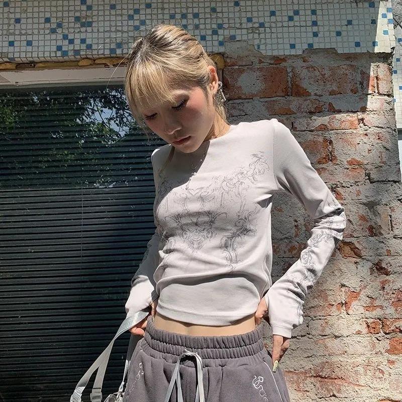 Vintage Women Clothes Y2k T-shirts 2022 O-neck Long Sleeve Print Woman Tshirts Fashion Casual Tops Gothic Crop Top