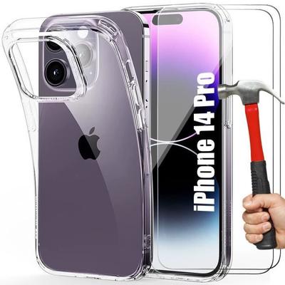 Protective Case - BOOLING - for iPhone 14 Pro - Transparent - Flexible - 2 Tempered Glasses Included