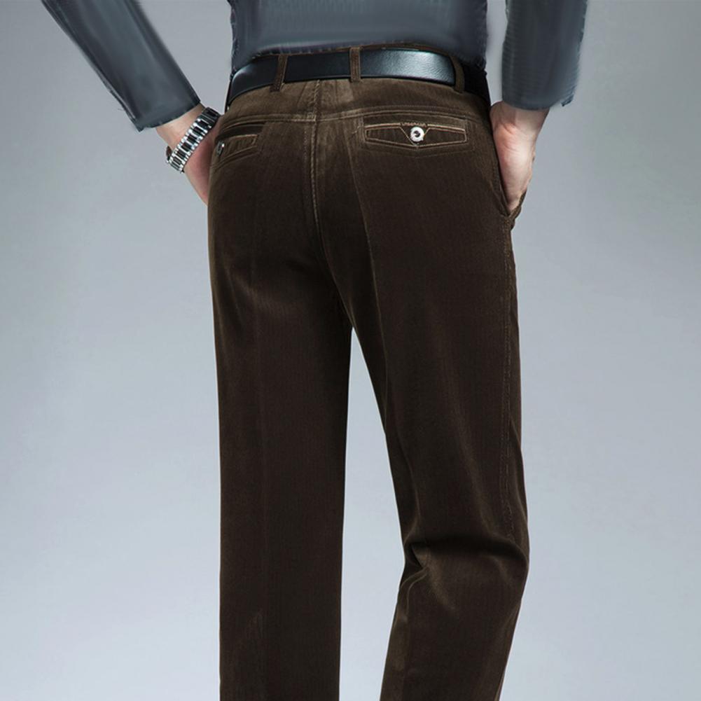 Mid-aged Men Pants Corduroy Solid Color Soft Plush Straight Wide Leg High Waist Button Zipper Closure Formal Business Style Long