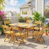 7 Pieces Garden Dining Set, Extending Dining Table and 6 Folding Chairs with Umbrella Hole for Patio, Natural Wood