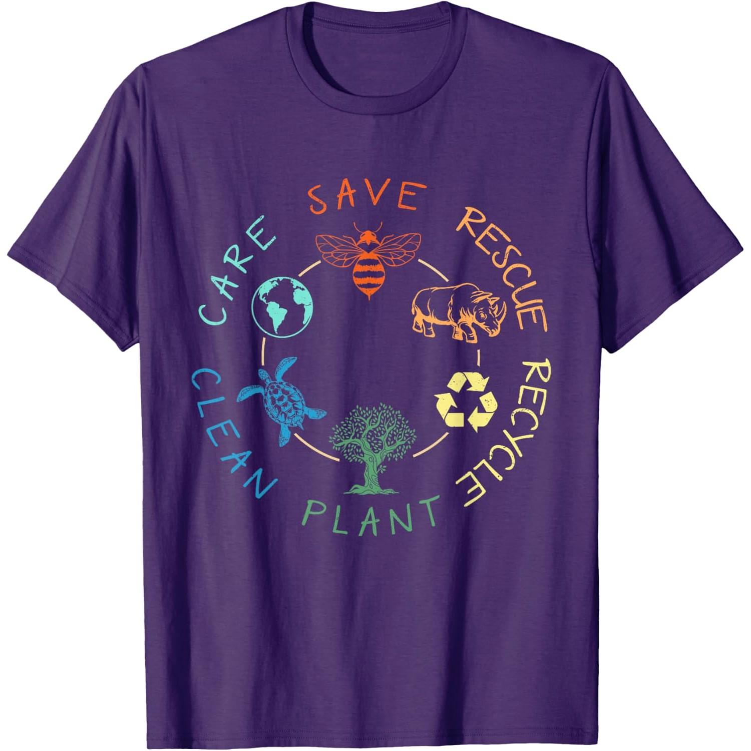 Save Bees Recycle Earth Day Graphic Tee Conservation Themed Casual Cotton T-Shirt S