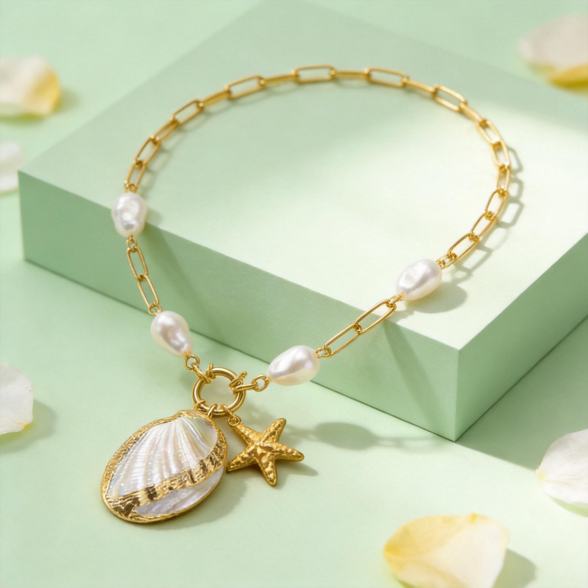 

Exaggerated Abalone Shell Pendant Necklace for Women Shell Starfish Necklaces Fashion Imitation Pearl Bead Chain Jewelry Gift