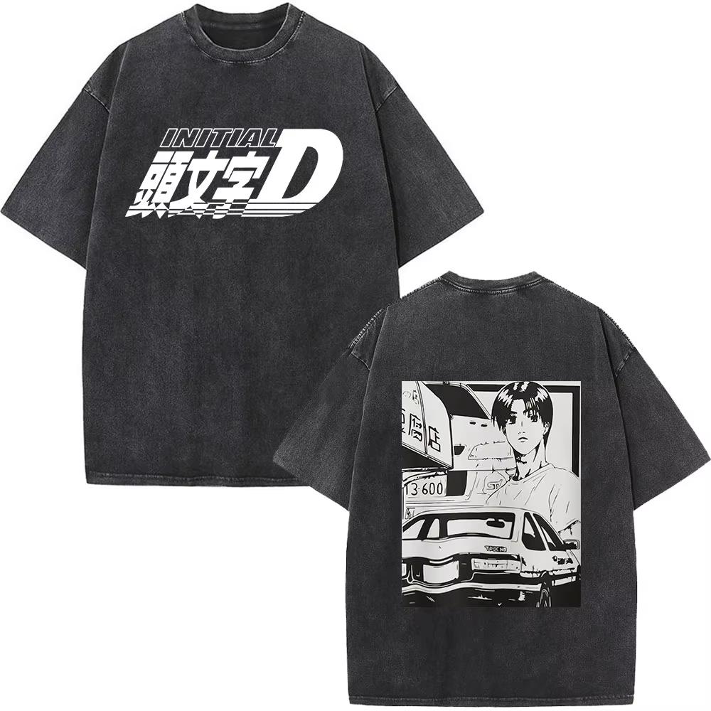 Initial D AE86 JDM Drift T-Shirt Vintage Washed Cotton Graphic Tee Men Unisex Oversized Crew Neck Short Sleeve Retro Streetwear Top Car Merch Gift