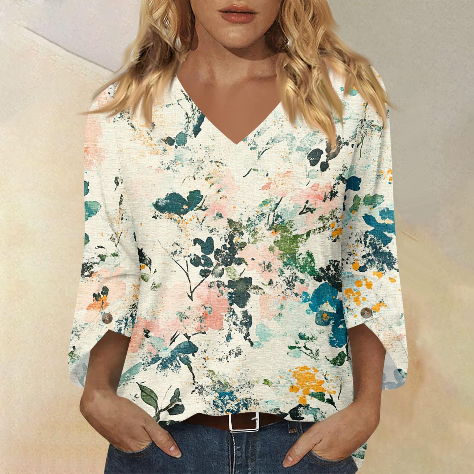 

Womens V Neck Three Quarter Sleeve Floral Print Casual Loose Fit Top Comfortable Lightweight Blouse for Daily Wear Office and Travel M жёлтый