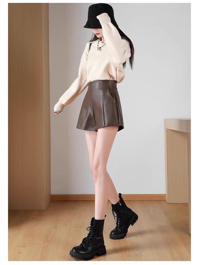 High-Waisted Leather Shorts for Women - 2026 New Style A-Line Slim Fit PU Wide-Leg Bootcut (Autumn/Winter) In Black