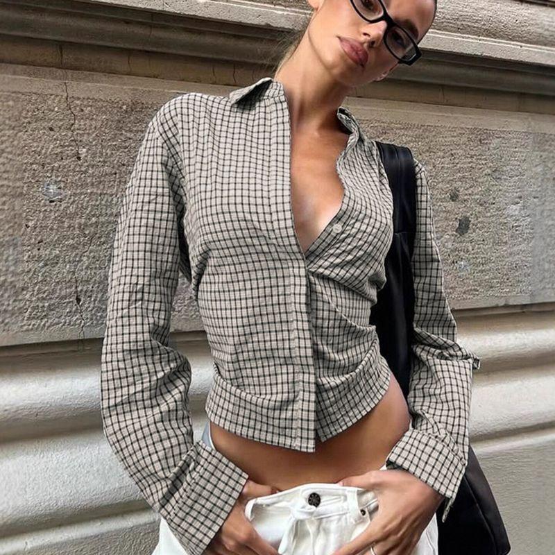 Trendy Design Commuter Plaid Shirt, Retro Fashion, European and American Style, Waist-Cinching Tie, Long-Sleeve Cardigan Top