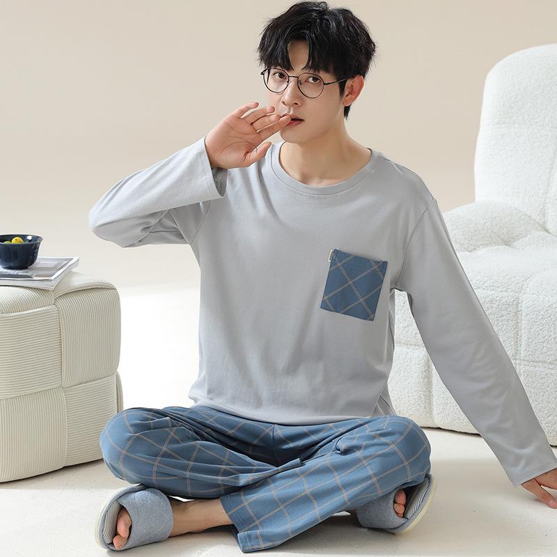 Striped Cotton Men's Long Pajamas Set Spring and Autumn Home Clothes Sleeping Top & Trouser Nightwear Young Boy Pyjamas Hombre