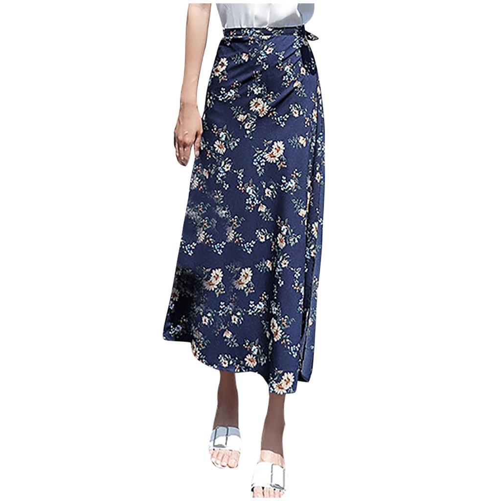 Fashion Ladys Beach Skirt Mid-Calf High Waist Slim Printing Skirt Casual