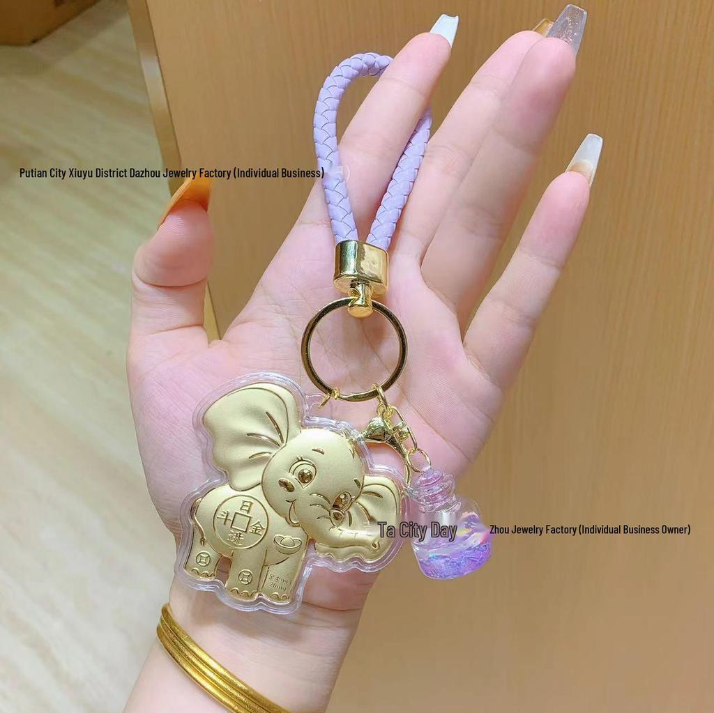 Gold Elephant Mobile Charm: 999 Pure Gold, 20mg, High-End Keyring Ornament for Daily Prosperity