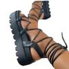 Fashion Cool Black Strappy Platform Sandals - Laced - Up Ankle Detail - Ideal for Fashion  Forward Summer Looks