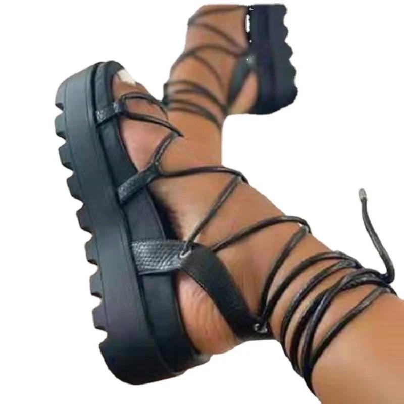 Fashion Cool Black Strappy Platform Sandals - Laced - Up Ankle Detail - Ideal for Fashion  Forward Summer Looks
