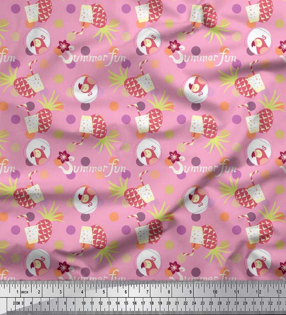Soimoi Japan Crepe Satin Fabric Dot,Parrot & PineJuice Summer Designs Fabric Prints By Metre 42 Inch