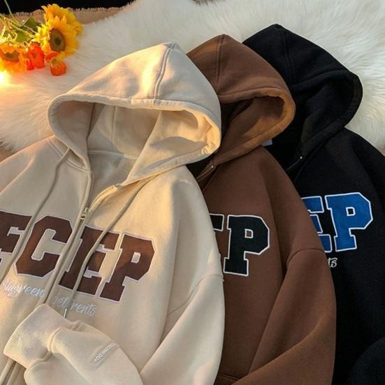 Herren Herbst Winter Kapuzenmantel Kordelzug Locker Kapuzen-Reißverschluss-Cardigan Buchstabenstickerei Oberbekleidung