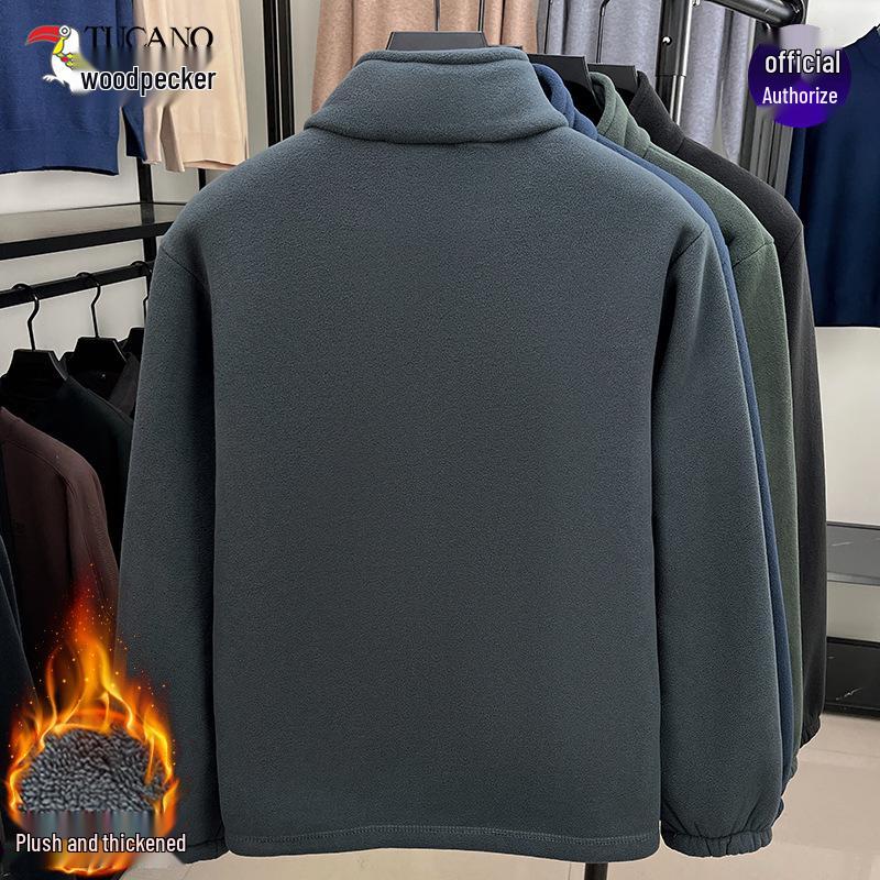 Woodpecker Men's Winter Polar Fleece Stand Collar Hoodie Double-Sided Berber Fleece Shell Jacket