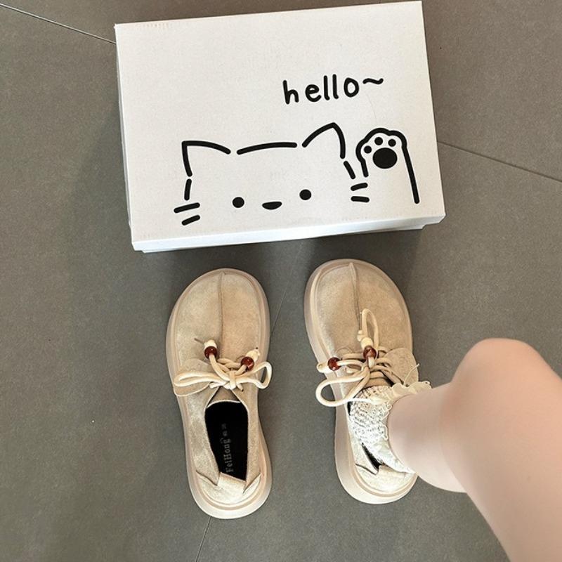 Fashion Women Fashion Versatile Thick-soled Heightening Leisure Shoes Women's Retro Big-head Loafers Shallow-mouth Bag-head Single Shoes