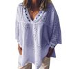 Women Half Sleeve Cotton Linen Hollow Out  Lace Patchwork T-Shirt Blouse Tops