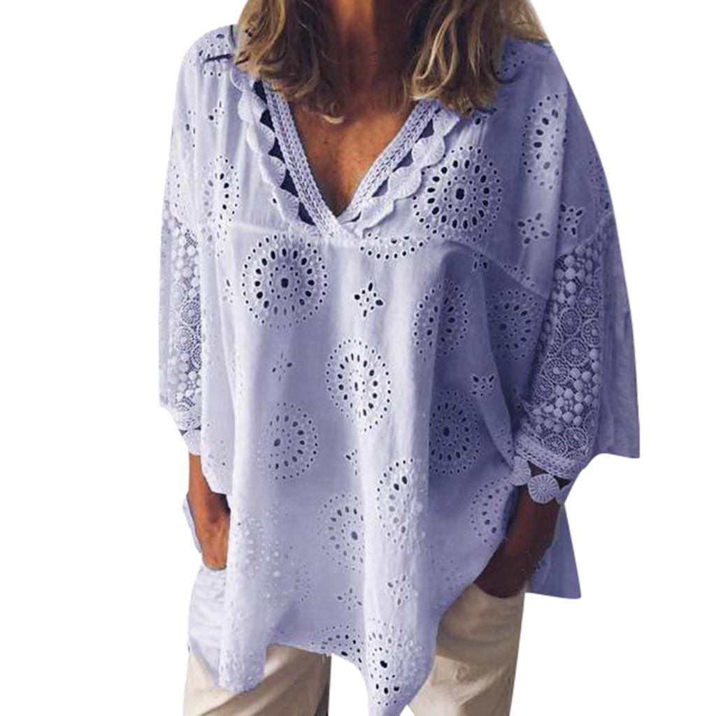 Women Half Sleeve Cotton Linen Hollow Out  Lace Patchwork T-Shirt Blouse Tops