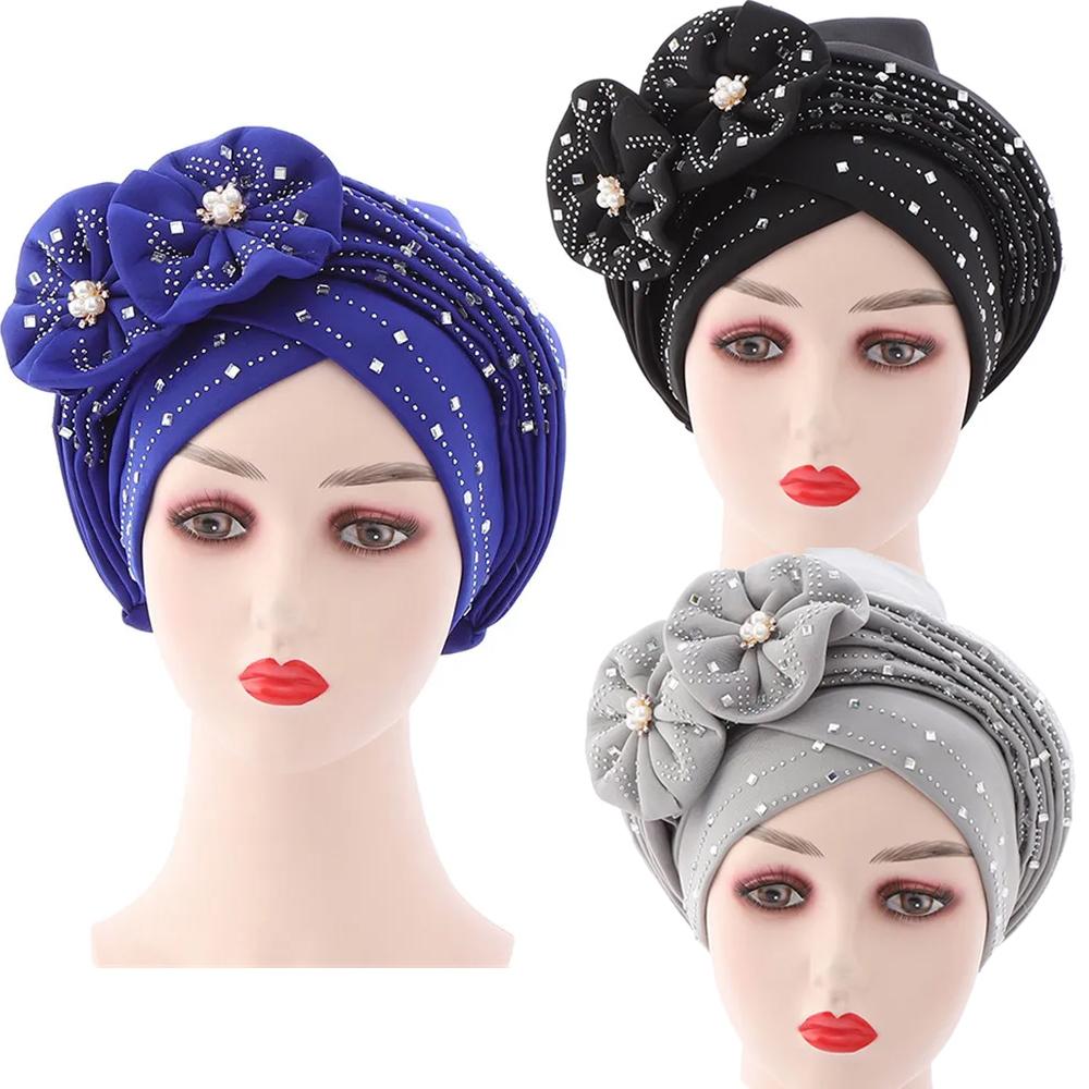Head Wrap Turban Cap Beanie Flower Decor Rhinestone Headscarf Cap Hair Accessories