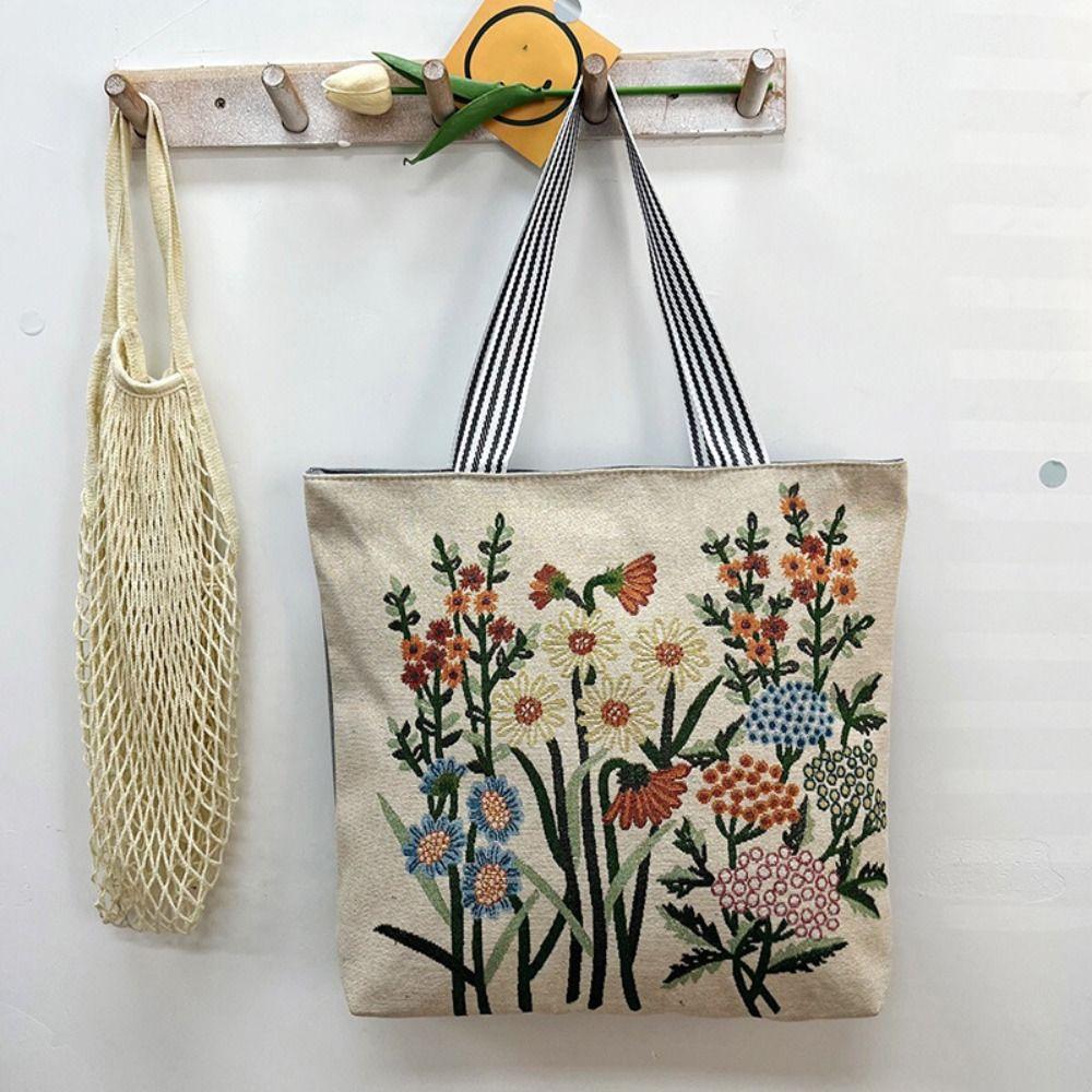 Embroidery Flower Cloth Bag Large Capacity Embroidery Tote Bag Simple Animal Shoulder Bag  Girls