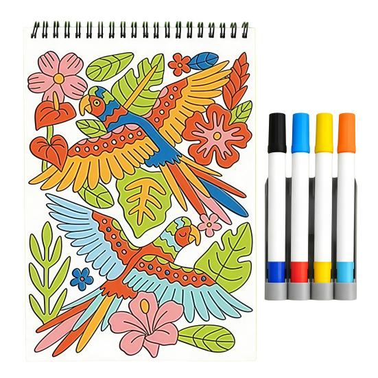 Stress Relief Coloring Activity Trace-By-Groove Guided Book, Clear Artistic Printing with 20 Decorative Double Sided Marker Pen Set Scenes And