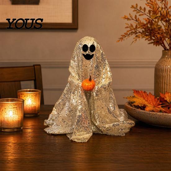 Decorative Ghost Sculpture Halloween Decoration, Outdoor Shiny Figurine with Sequin Cloth, Light Collectible Up Spooky for Parties, Lawn, Porch Decor