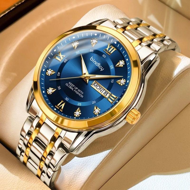 Swiss Luxury Men's Waterproof Quartz Watch with Dual Calendar & Luminous Steel Band