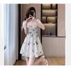 Coffee Break French Square Neck Dress Women's Summer Temperament Printed Short Sleeve Fairy Dress First Love Dating Waist A-shaped Dress