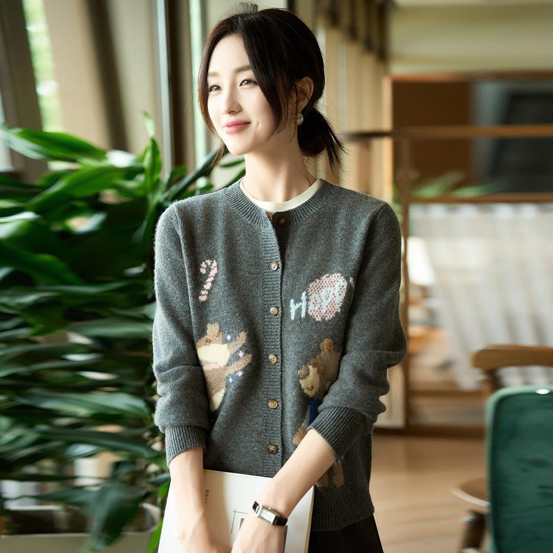 Women's High-End Embroidered Knitted Wool Cardigan, Long Sleeve Loose Fit Sweater Coat for Autumn and Winter