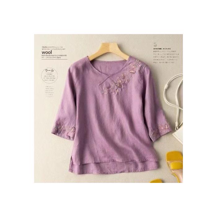 Women's Cotton Linen Embroidered Retro Shirt, Seven-Sleeve with Frog Button, Loose Plus Size Summer Top
