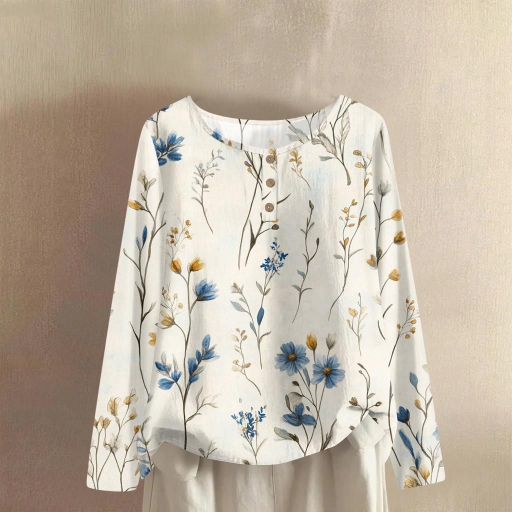 Women's Fashionable And Casual Shirt Long Sleeve Round Neck Solid-color Cotton And Linen Blouse Top