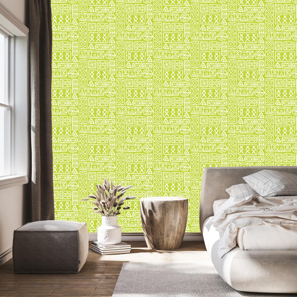 Polynesian Geometric Pattern Wallpaper Lime and Cream 50x1000