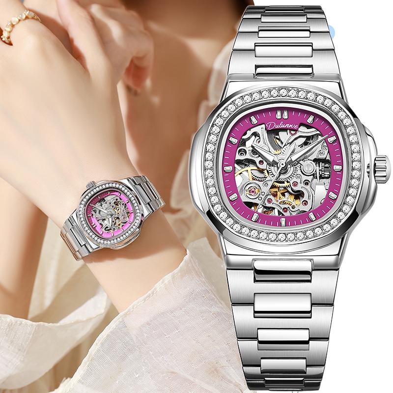 Womens Automatic Mechanical Watch Skeleton Dial with Diamond Bezel Waterproof Luminous Ladies Wrist Watch