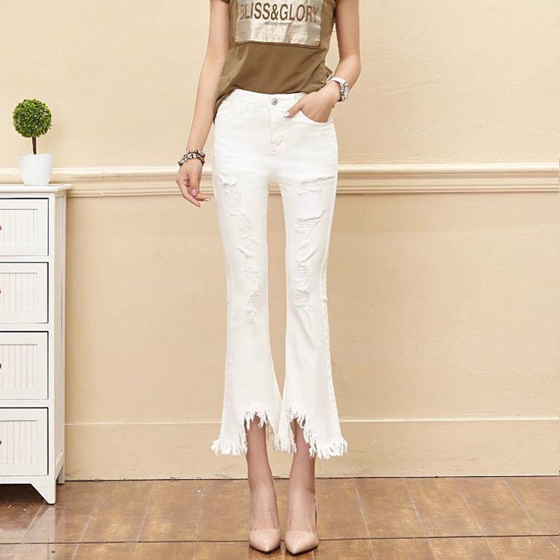 Jeans Donna Bianchi Vita Alta Micro-Svasati con Frange - Strappati, Elasticizzati, Modellanti, Estivi a Nove Punti a Zampa