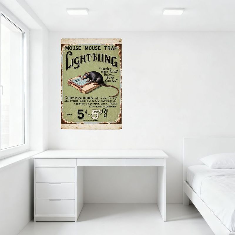 Vintage Lightning Mouse Trap Advertisement Tin Sign - Rustic Metal Wall Decor for Home, Bar, Garden, Retro Style Mouse Trap Art