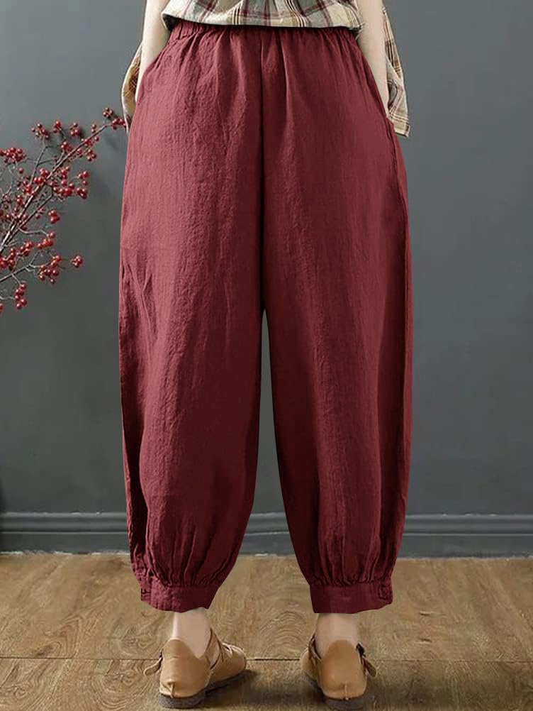 [Minesam] Women's Harem Pants, Linen Pants, Cotton Linen Blend, 9/10 Length, Knickerbockers, Plain, Lightweight, Summer Trousers, Plus Sizes (Wine Red