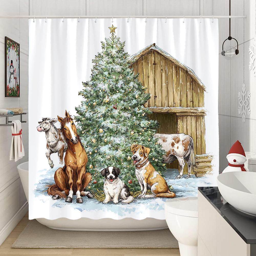 1Pc Rustic Farmhouse Christmas Shower Curtain - Vintage Barn Style With Horse, Dog, Cow & Pig Design, 70.8X70.8 Inch, Machine Wa