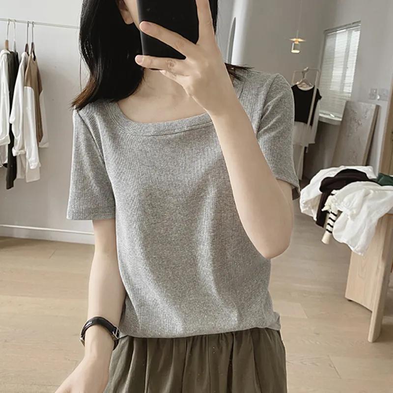 

Women s White Ribbed U-Neck Short Sleeve Slim Fit Casual T-Shirt M серый
