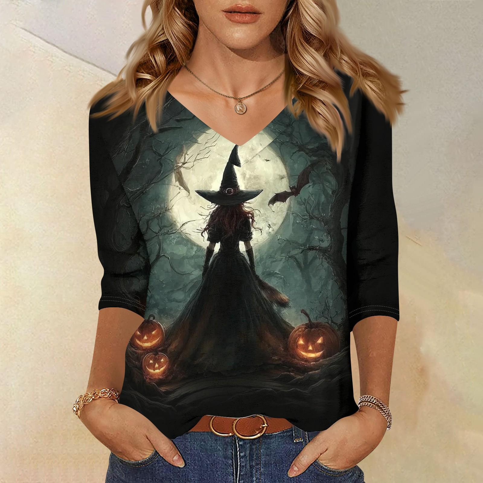 Women s Halloween Printed V-Neck Blouse, Three-Quarter Sleeve, Casual Fit Tunic Top S