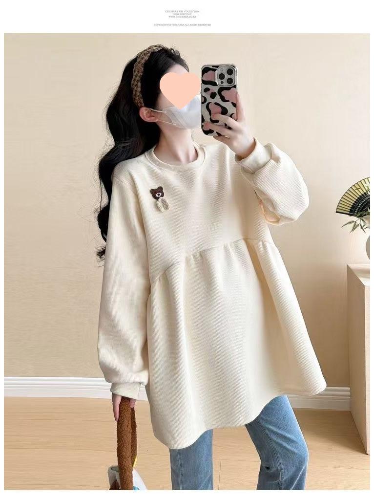 2025 Koreanischer Stil Lockerer Rundhals Fleece Umstandspullover für Herbst/Winter