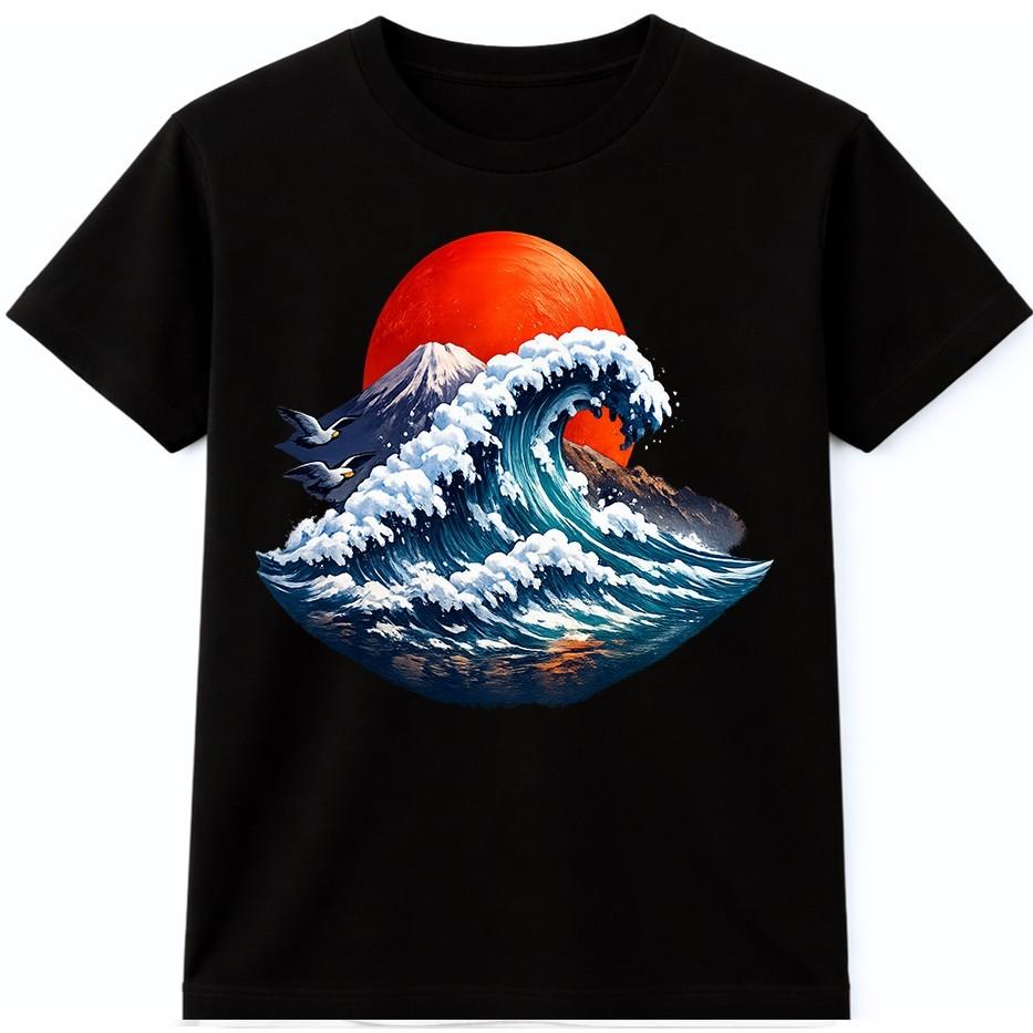 Japanese Wave T Shirt Rising Sun Mountain Ocean Art Graphic Tee S разноцветный