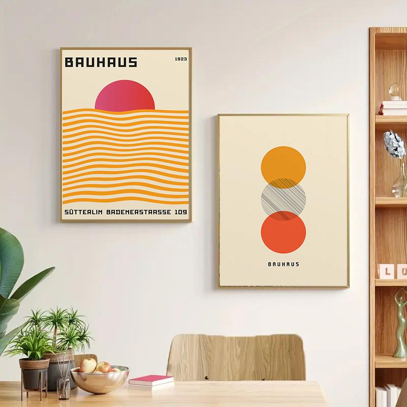 Abstract Orange Bauhaus Geometric Poster Pop Art Sunrise & Bicycle Wall Art Prints for Modern Living Room Dormitory Home Decor