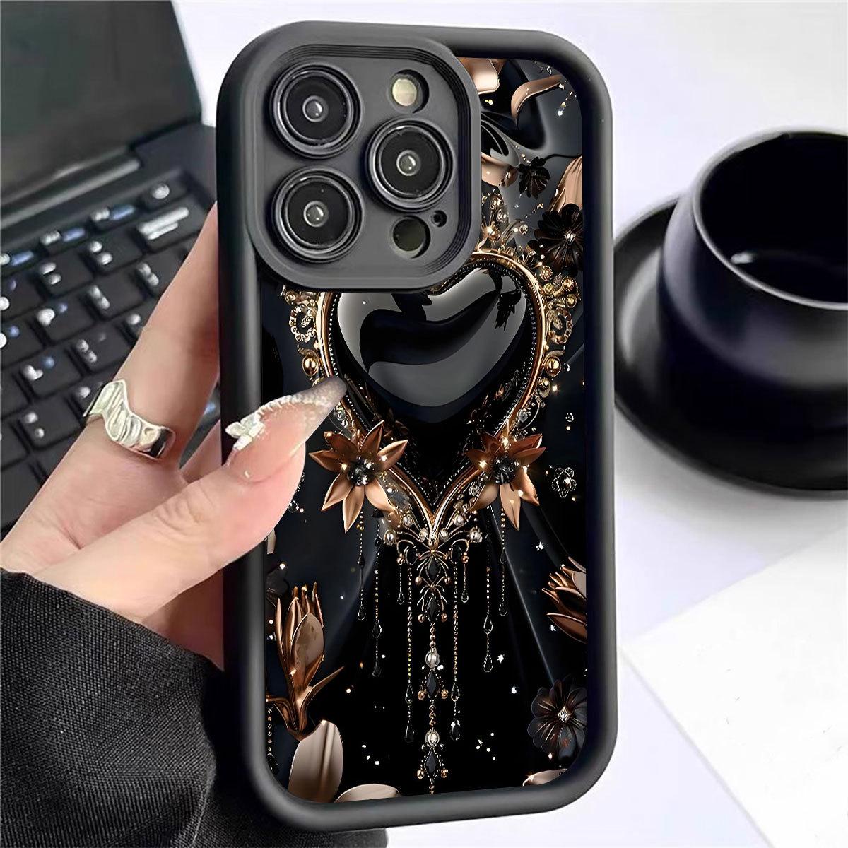 Herzförmige Rille mit Goldrand Schwarzes Case für iPhone 14-17 Pro Max Galaxy A22 5G schwarz
