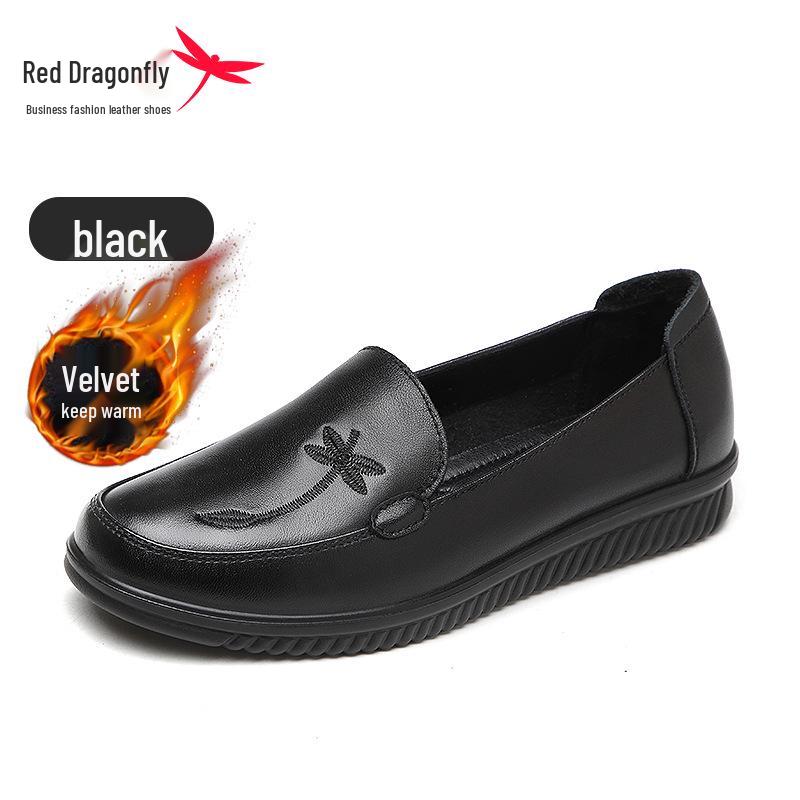 Red Dragonfly Women's Genuine Leather Slip-On Shoes - Comfortable Soft Sole for Spring, Ideal for Middle-Aged & Elderly