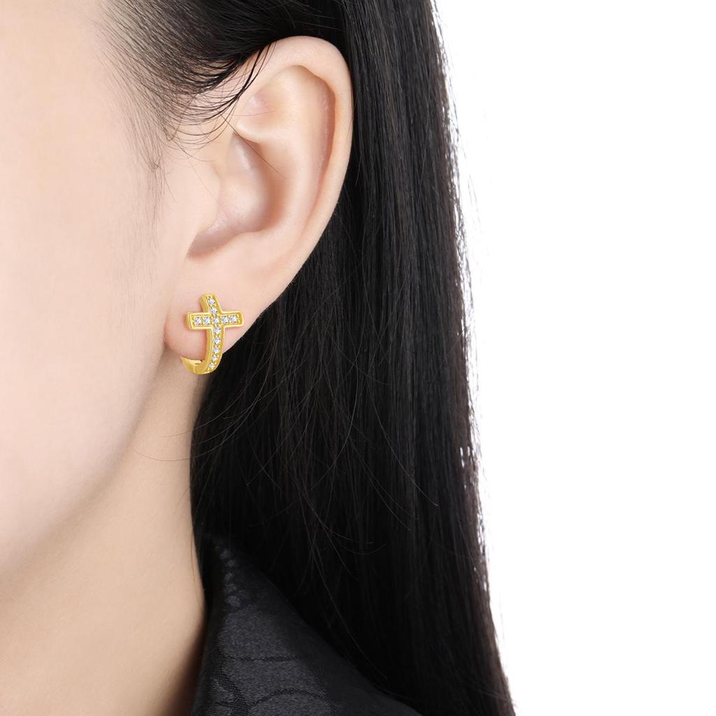 Korean Style Rhinestone Cross Hoop Earrings - Women's Fashionable Minimalist Studs