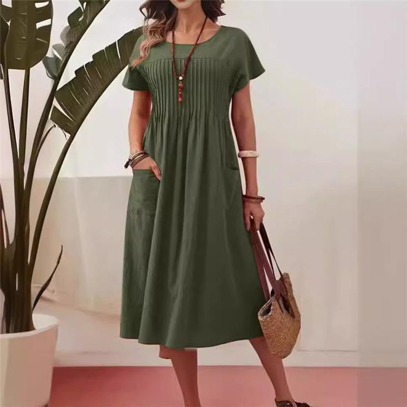 Women's Long Skirt European And American Style New Solid Color Round Neck Pocket Pleated Short-sleeved Cotton And Linen Dress