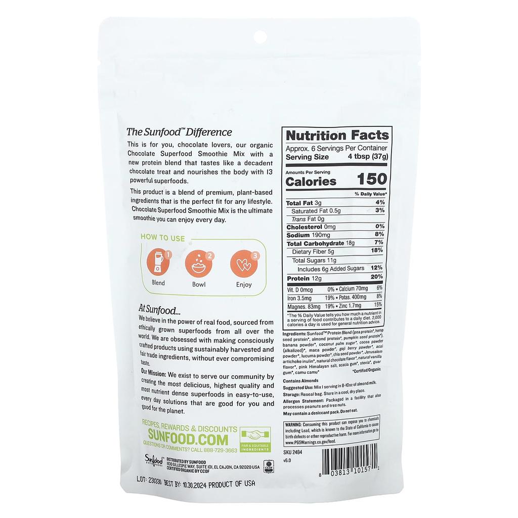 Sunfood Organic Chocolate Superfood Smoothie Mix, 8 Oz (227 G)