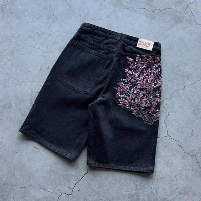 ZYLLO Hip Hop Cartone Animato Fantasia Ricamo Tasca Pantaloncini di Jeans Y2k Retro Larghi Jeans Blu Scuro Corti Uomo Donna Strada Skateboard Jorts