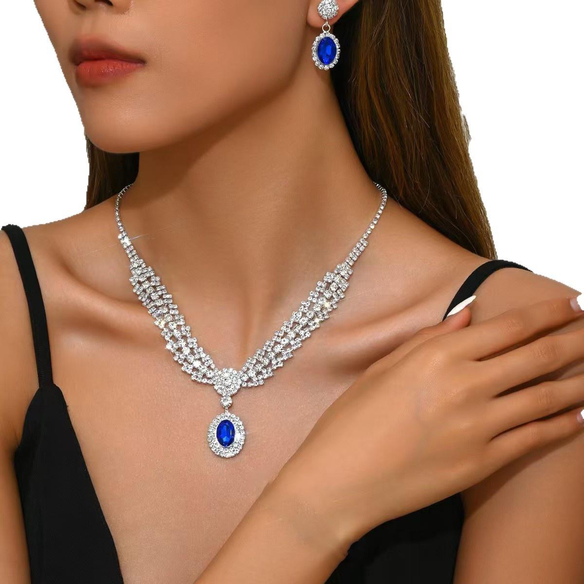 

3Pcs Women s Rhinestone Jewelry Set Diamond Studded Sparkling Water Droplet Necklace Earrings Wedding Party Bride Jewelry Gifts синий