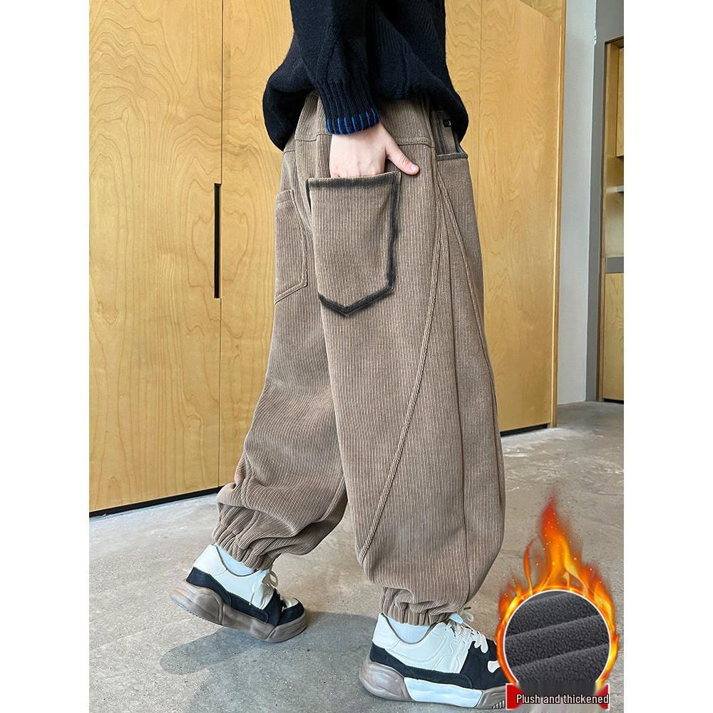 Boys' Autumn/Winter 2025 Fleece-Lined Corduroy Sports Pants, Medium/Large