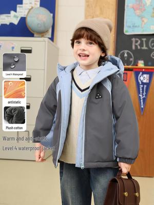 2025 New Boys' Color Block Waterproof Hooded Cotton Jacket with Fleece